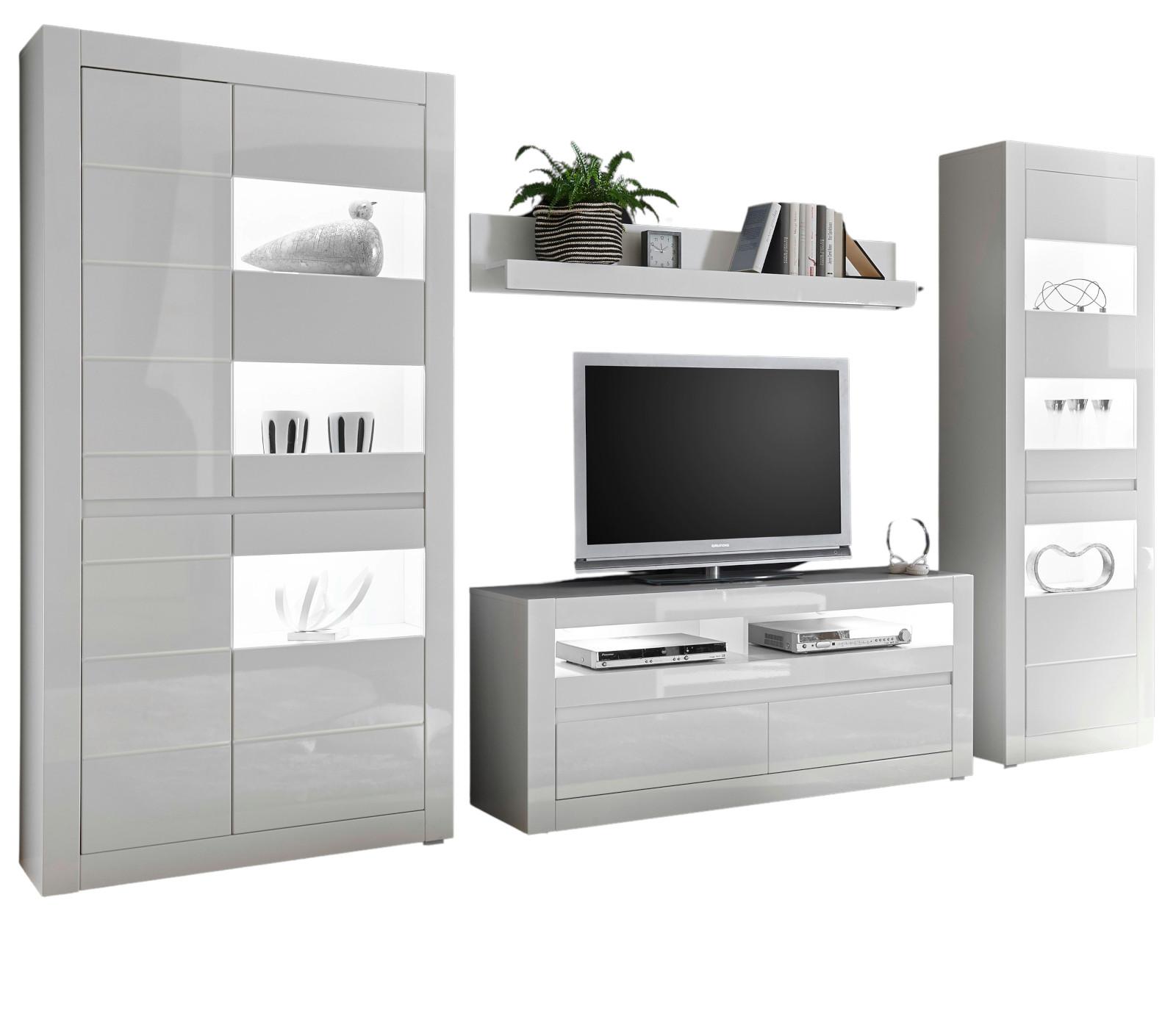 WOHNWAND Hochglanz weiß, Stone Design grau 4-teilig, Anbauwand mit Soft-Close - Weiß Hochglanz/Weiß, Glas/Holzwerkstoff (336/198/42cm) - Furn.Design
