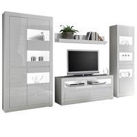 WOHNWAND Hochglanz weiß, Stone Design grau 4-teilig, Anbauwand mit Soft-Close - Weiß Hochglanz/Weiß, Glas/Holzwerkstoff (336/198/42cm) - Furn.Design