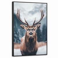 LEINWAND Bilder mit Rahmen - Hirsche - Tiere - Landschaft - Winter - Schnee - 60x90 - Kastanienfarben, Textil (60/90cm) - MuchoWow