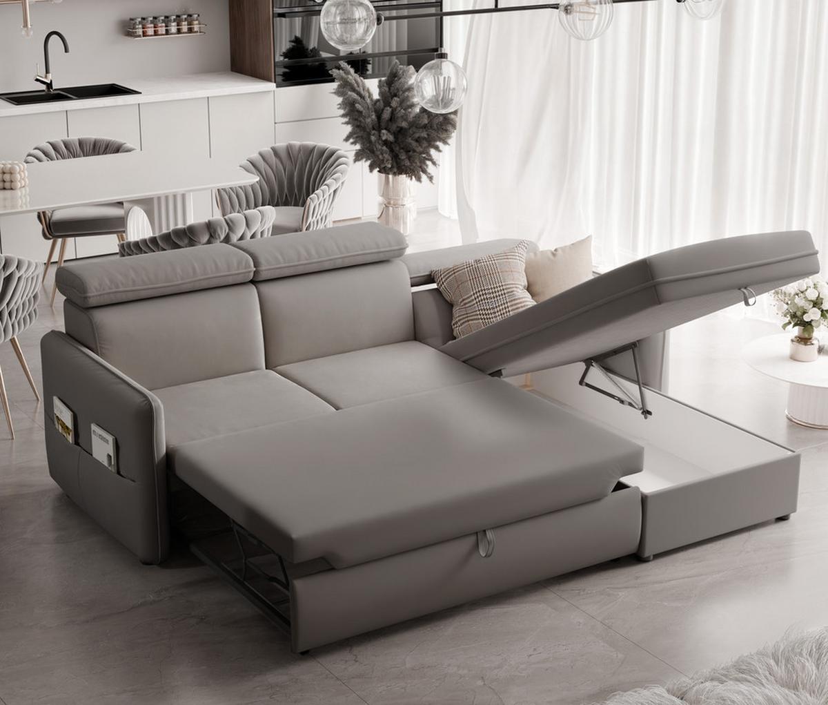 ECKSOFA BENI mit Schlaffunktion und Bettkasten, Stoff Beige - Beige, Kunststoff/Textil (220/160cm) - Idohome