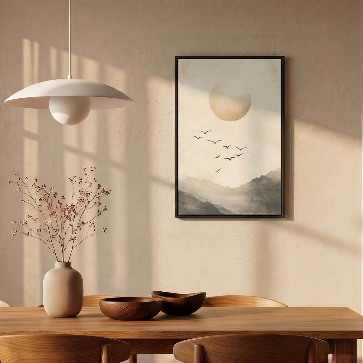 LEINWAND Bilder mit Rahmen - Landschaft - Japandi - Vogel - 40x60 - Beige, Textil (40/60cm) - MuchoWow