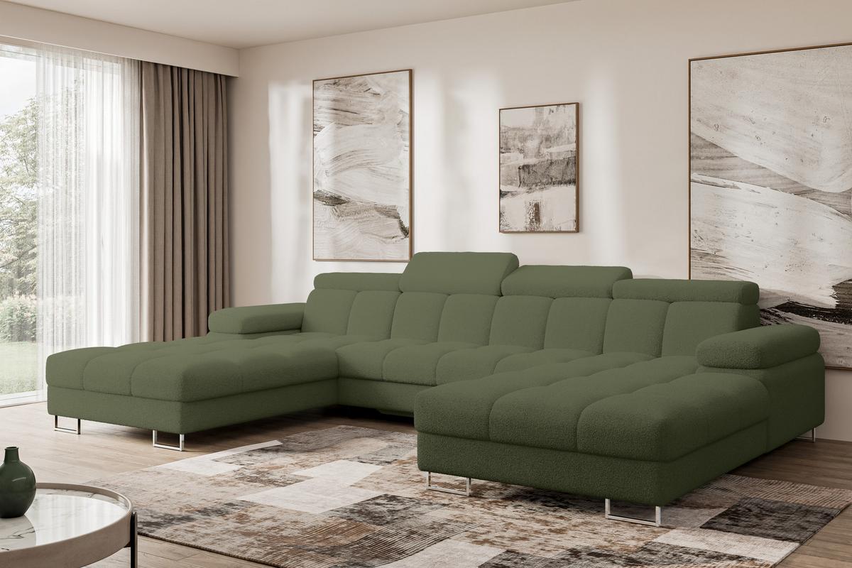 WOHNLANDSCHAFT mit Schlaffunktion und Bettkasten COMA U2 345x203x79 Grün Bouclé - Smaragdgrün, Holzwerkstoff/Textil (345/79/203cm) - ALTDECOR