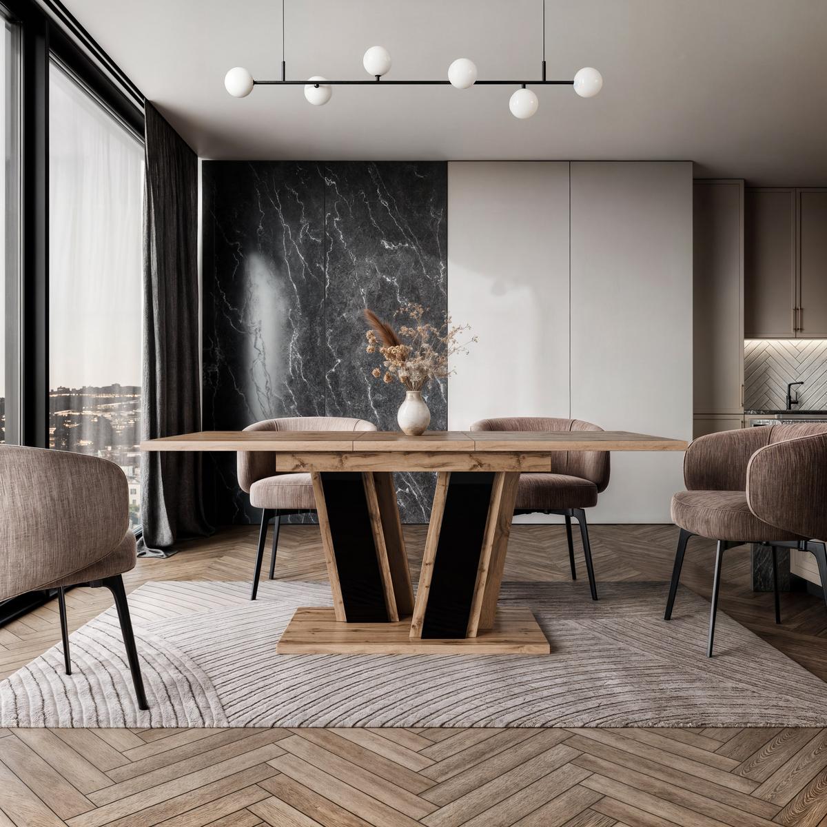 ESSTISCH BORSEN Ausziehbar 120 - 160 / 80 x 76 cm - Schwarz Hochglanz/Eiche Wotan, Holz (120/80/76cm) - MASSENO