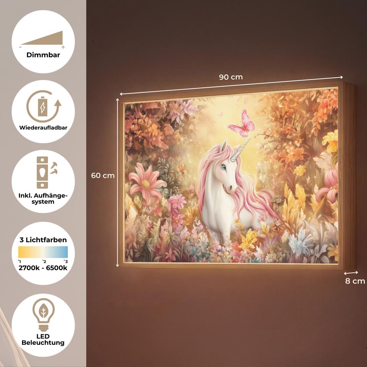 WANDLEUCHTE MIT AKKU Einhorn - Blumen - Schmetterling - Rosa 90x60 cm - Beige, Holzwerkstoff (90/60/8cm) - OnlyWow