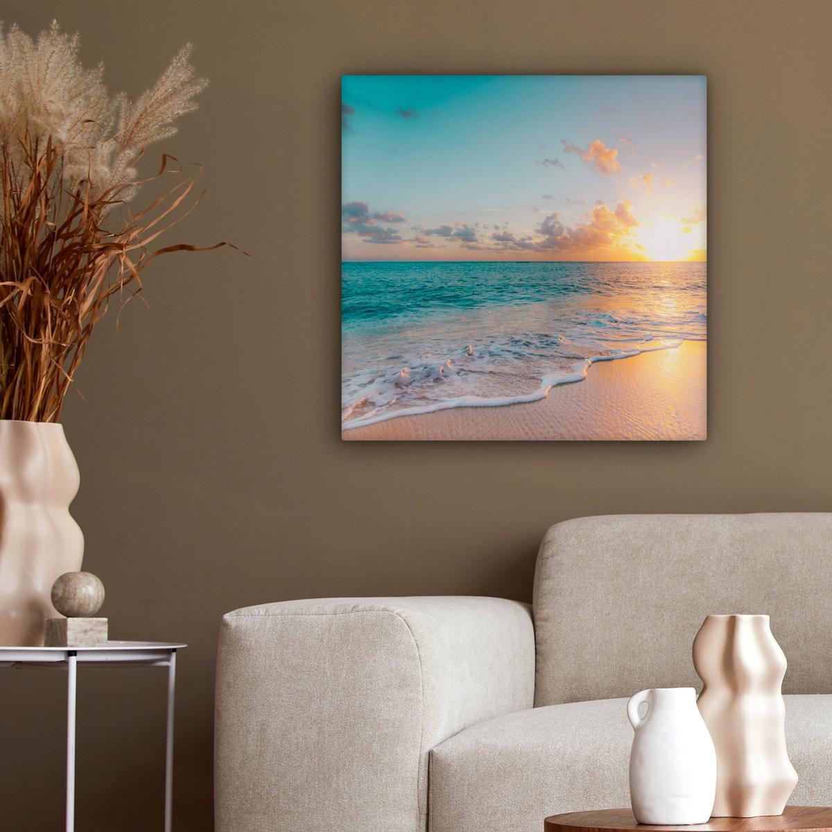 LEINWANDBILD Sonnenuntergang - Strand - Meer - Sommer - Blau Wandbild Wohnzimmer 50x50 cm - Multicolor, Textil (50/50cm) - MuchoWow