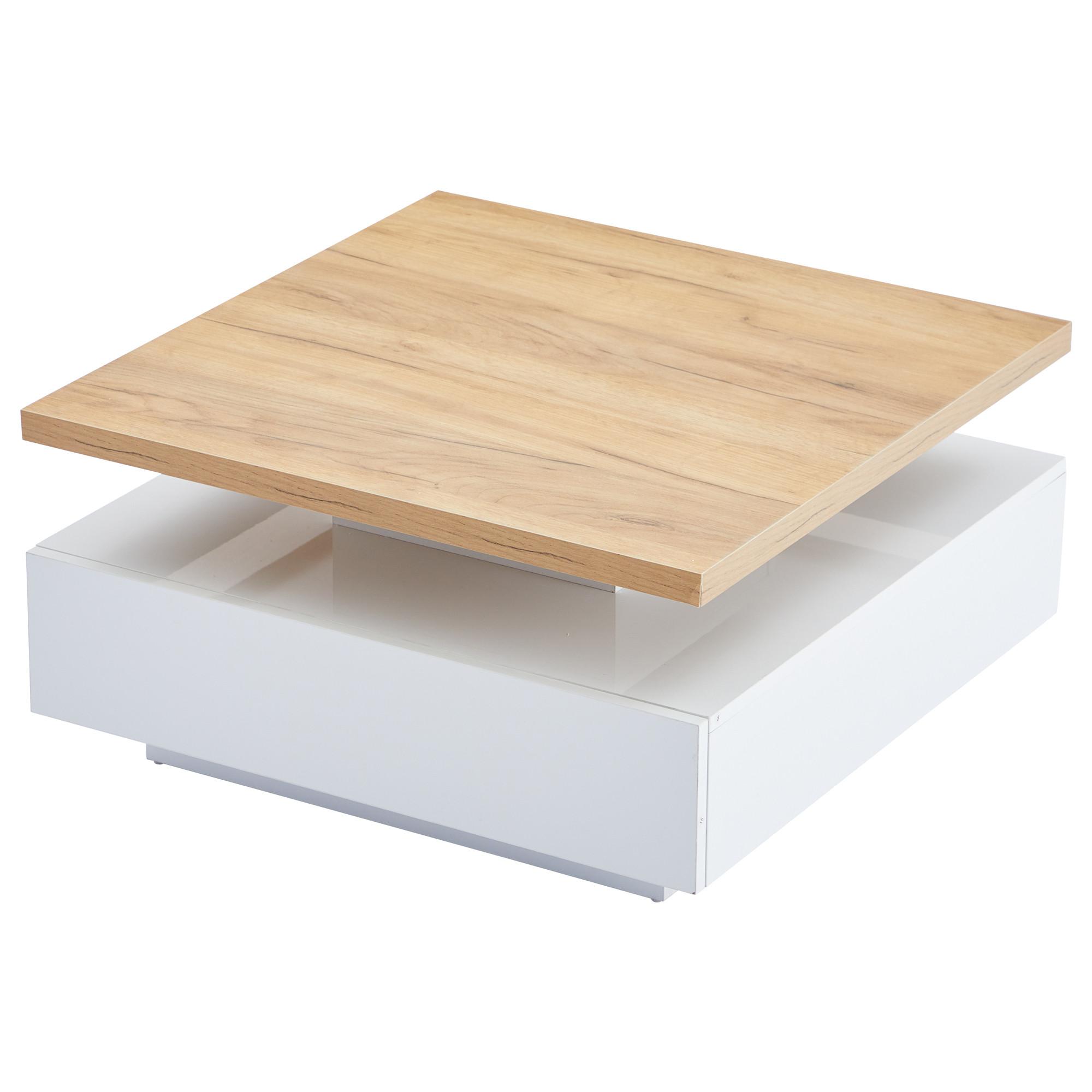 COUCHTISCH 360° Drehbar Weiß Hochglanz & Nussbaum Quadratisch 1 Schublade - Naturfarben, Holzwerkstoff (70/70/36cm) - Urban Meuble