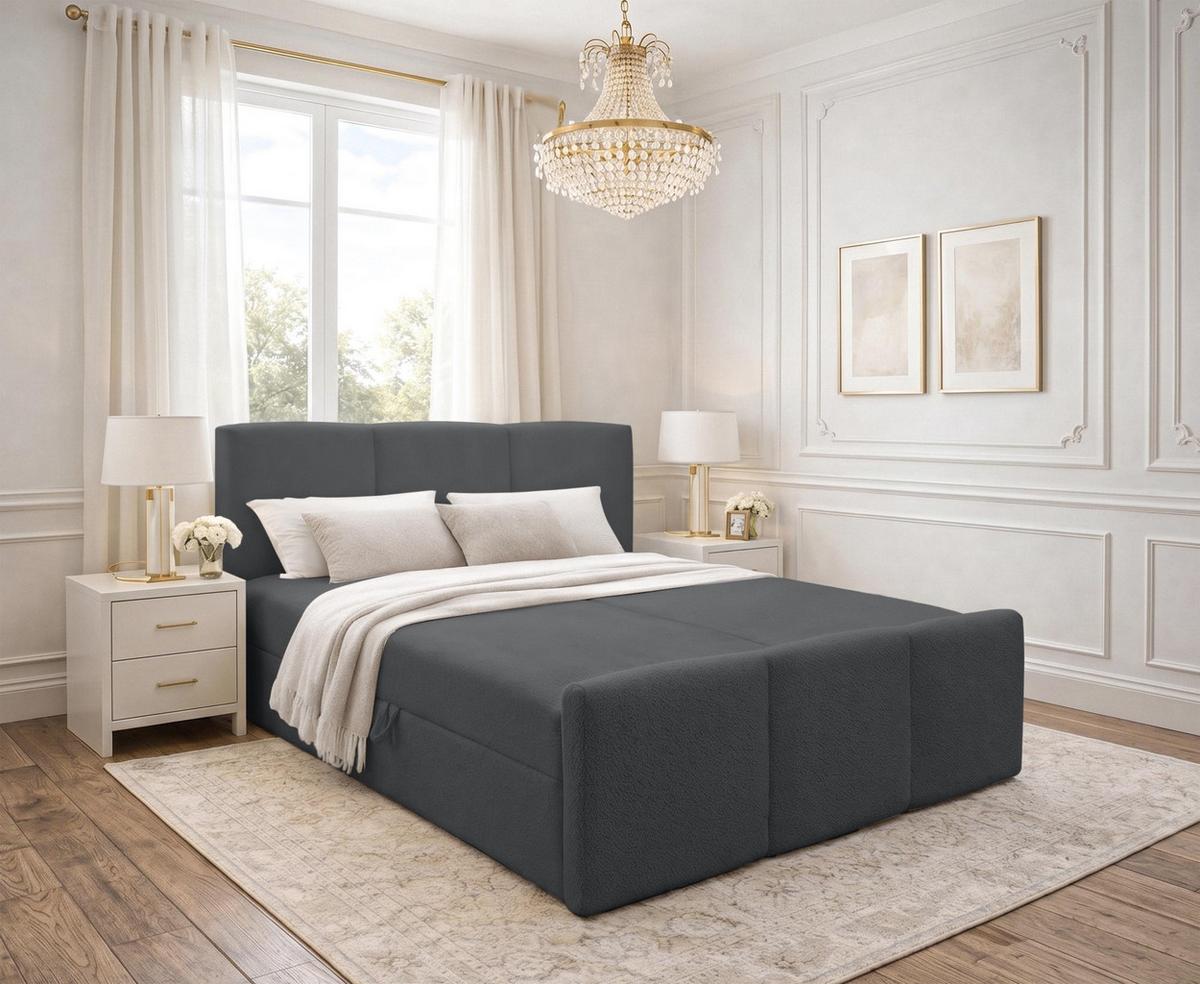 BOXBETT ANKARRA 140x200 cm mit Bettkasten und Matratze - Grau + TOPPER - Schwarz/Grau, Holz/Holzwerkstoff (140/200cm) - AX Living