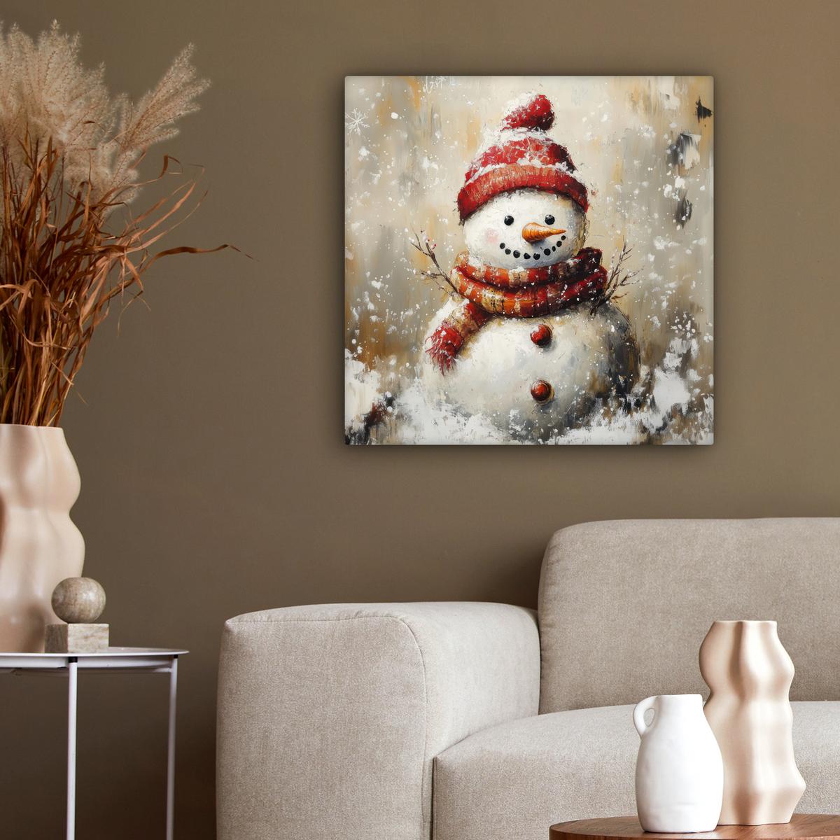 LEINWANDBILD Schneemann - Winter - Schnee - Beige Wandbild Wohnzimmer 50x50 cm - Weiß, Textil (50/50cm) - MuchoWow
