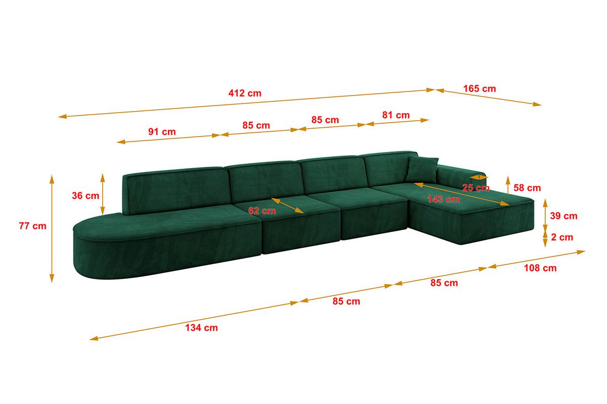 ECKSOFA Ottomane Rechts IREA-L3-v3 - 412x165x77 cm Grün - Dunkelgrün, Holzwerkstoff/Textil (412/165cm) - ALTDECOR