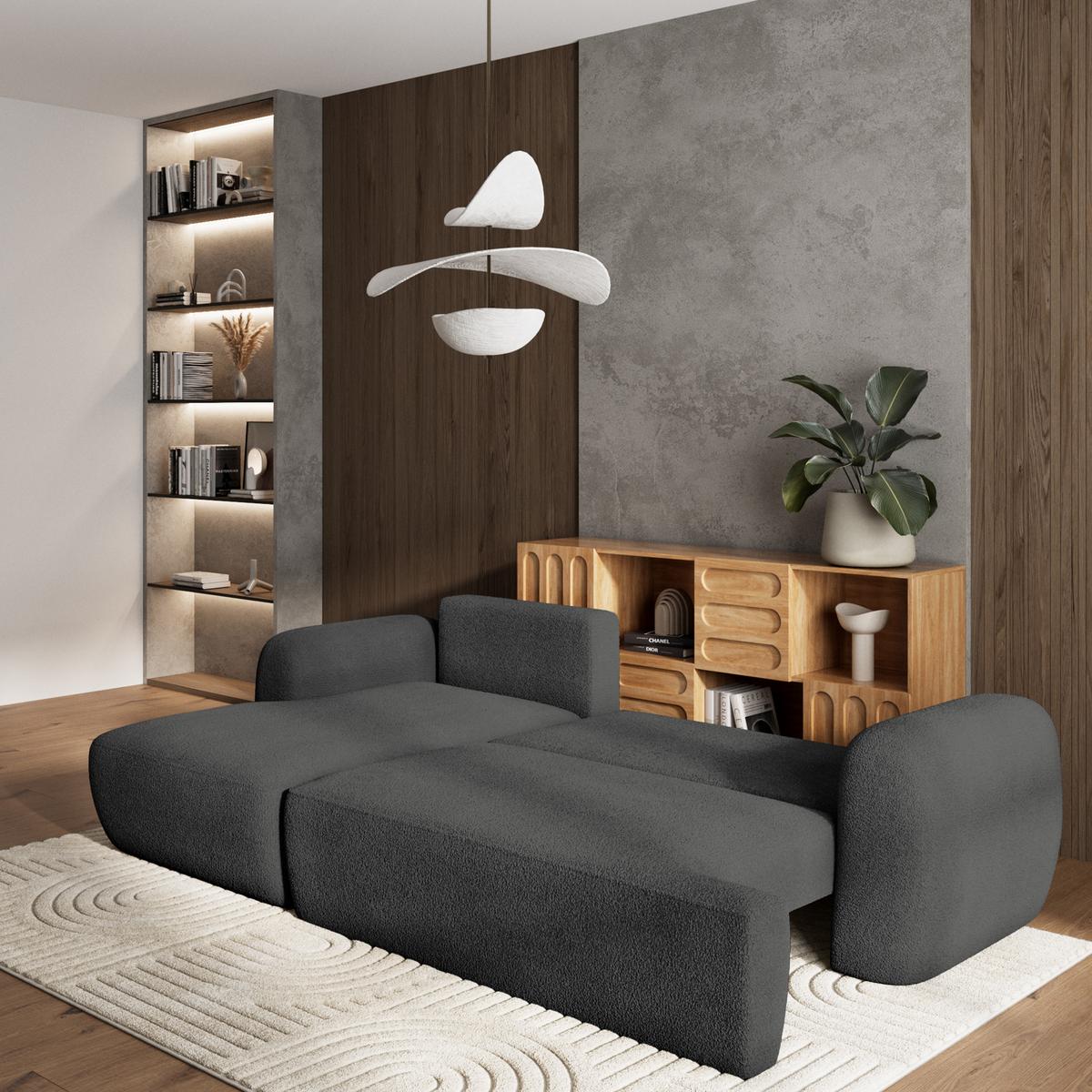 ECKSOFA MODENZA N L-S Grau Boucle-Stoff mit Schlaffunktion - Schwarz/Grau, Holz/Kunststoff (266/148cm) - MASSENO
