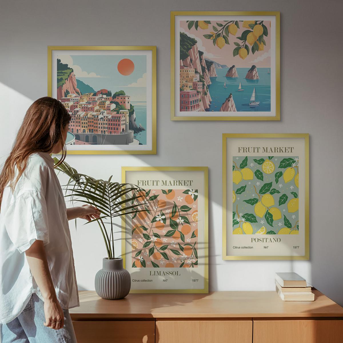 BILDER SET 4er Set - 50x50 cm & 40x60 cm Goldrahmen - Zitrusfrüchte der italienischen Tropen - Goldfarben, Kunststoff (50/50cm) - TULUP