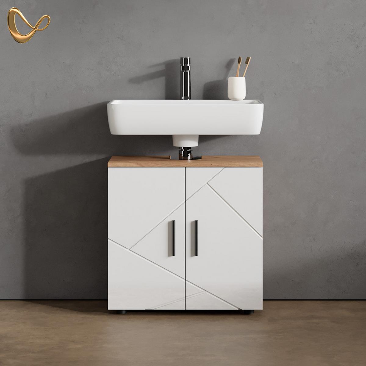 WASCHBECKENUNTERSCHRANK Ronco Weiß Hochglanz/Goldkraft Eiche 60 x 59 cm - Honigeiche/Weiß Hochglanz, Holzwerkstoff (60/59/30cm) - Livinity®