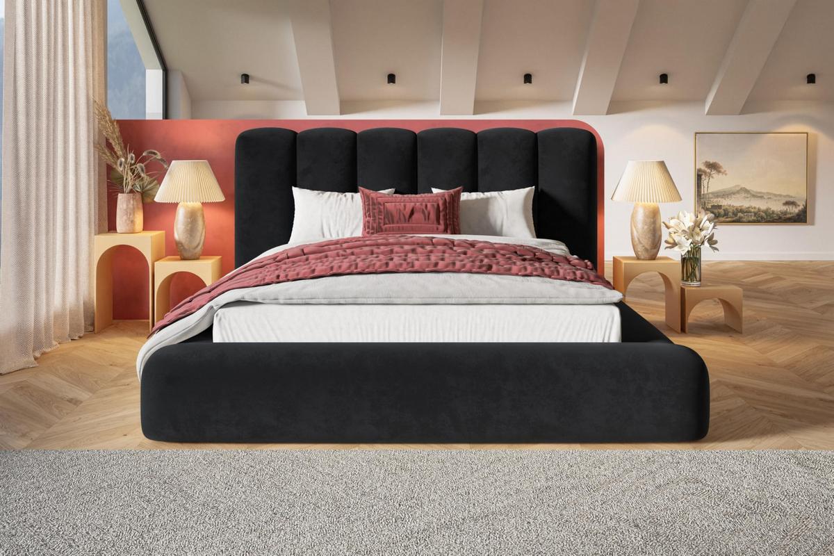 BETT 140x200 - Polsterbett mit Bettkasten und Metallrahmen - Modern Bett - Eleganter Amor-Velvet-Stoff - Kollektion Alva Maxi - Schwarz - Schwarz, Holz/Textil (140/200cm) - Alpi-Möbel
