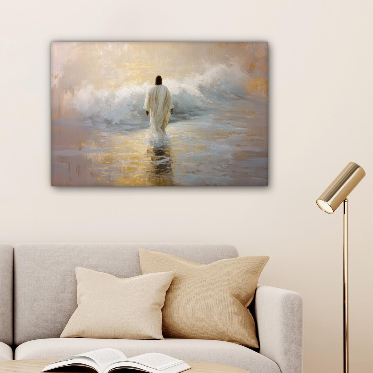 LEINWANDBILD Gemälde - Welle - Jesus - Abstrakt Gemälde 60x40 cm - Goldfarben, Textil (60/40cm) - MuchoWow