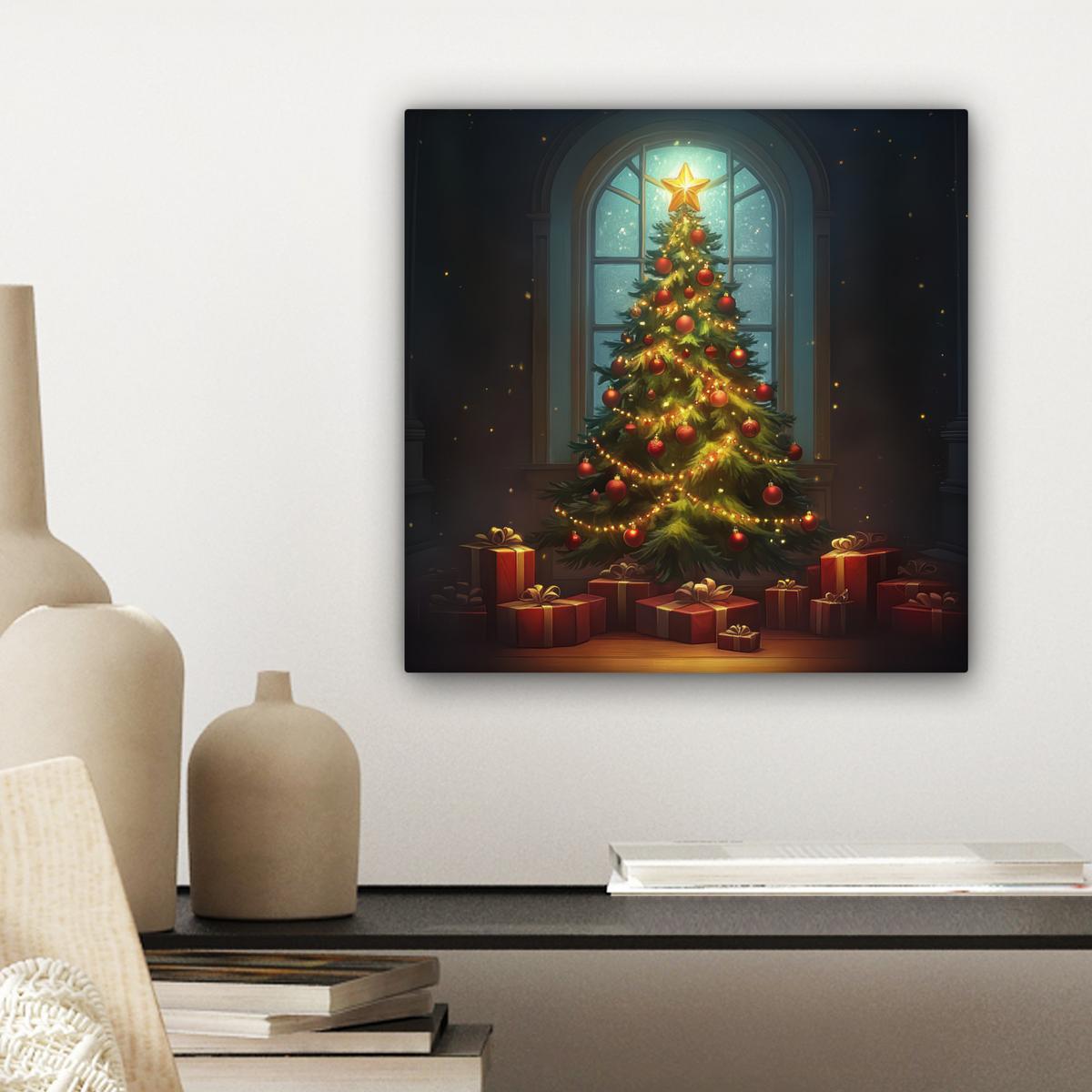 LEINWANDBILD Weihnachtsbaum - Geschenk - Winter Deko Wohnzimmer 20x20 cm - Grün, Textil (20/20cm) - MuchoWow