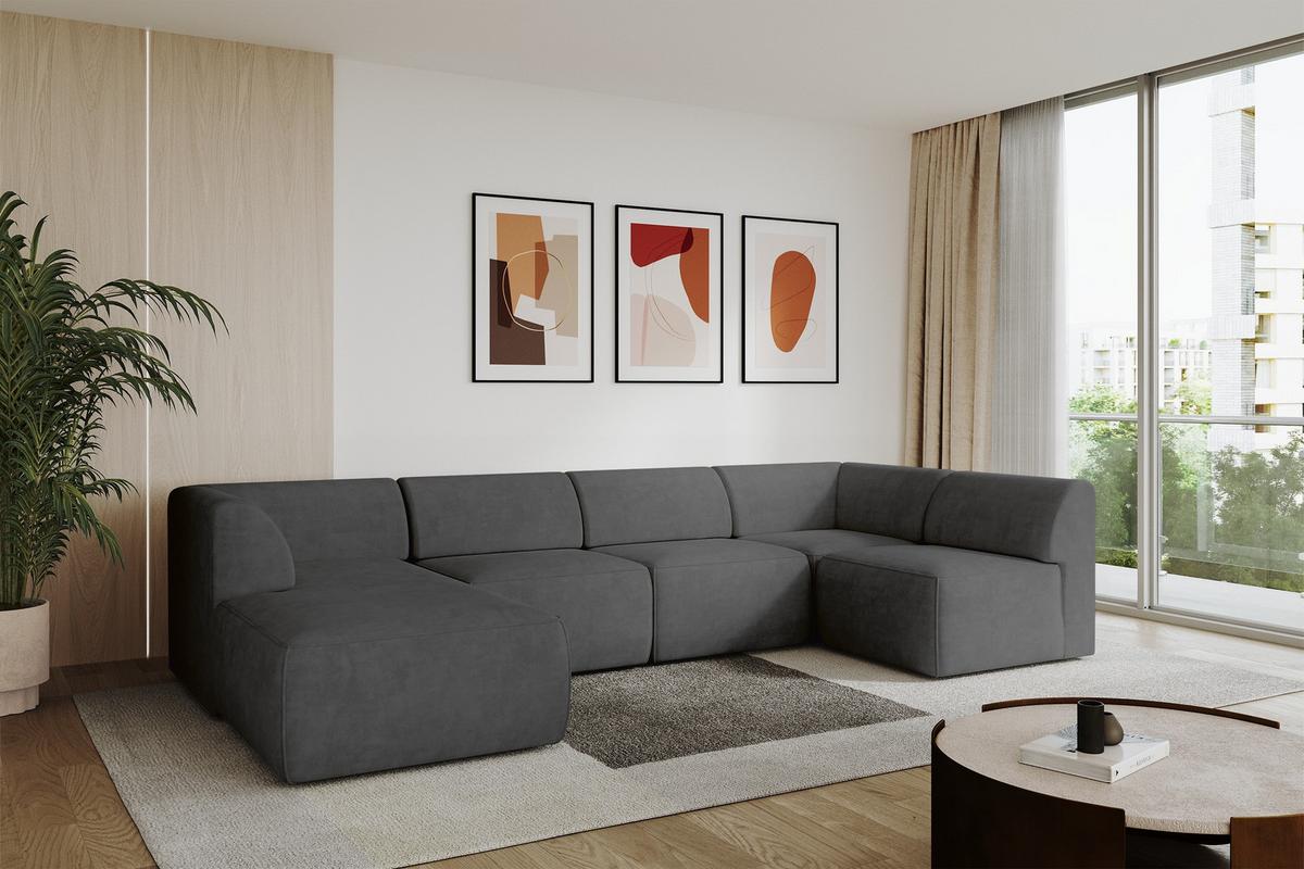 WOHNLANDSCHAFT Ottomane Links MOVO-L 345x180x78 cm Dunkelgrau Velours - Eschefarben, Holzwerkstoff/Kunststoff (345/78/180cm) - ALTDECOR