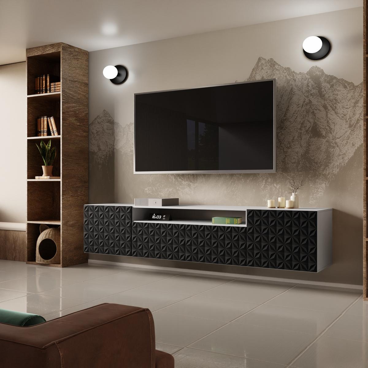 LOWBOARD ROVA 200/41/40 cm, Hängender TV-Schrank Weiß / Schwarz - Schwarz/Weiß, Holzwerkstoff (200/41/40cm) - MASSENO