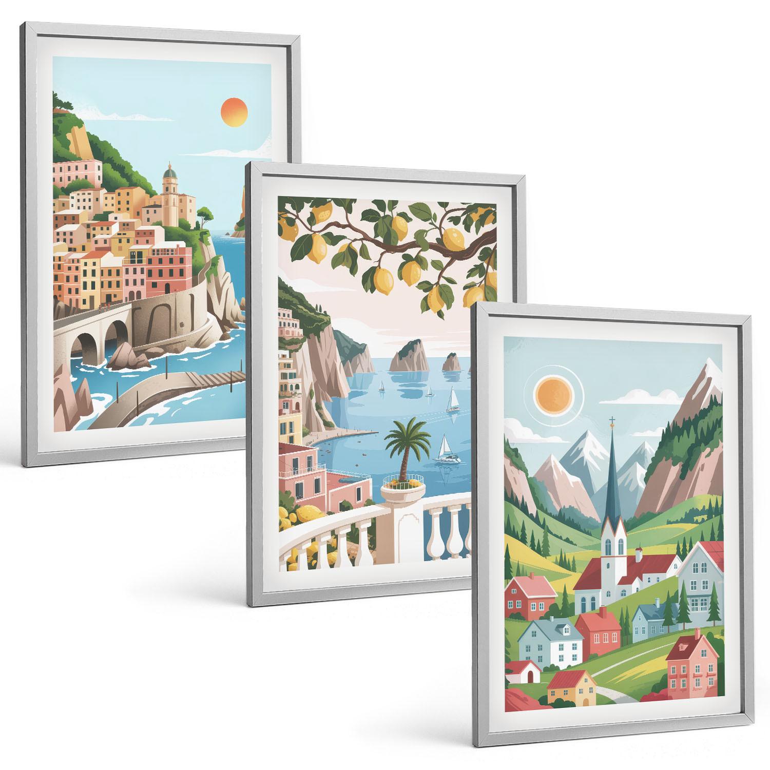 BILDER SET 3er Set - 40x60 cm Silberner Rahmen - Landschaften, Meer, Zitrusfrüchte - Silberfarben, Kunststoff (40/60cm) - TULUP
