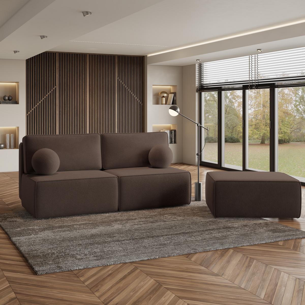 ECKSOFA VARNA P Braun Kordstoff mit Schlaffunktion - Braun/Grau, Holz/Kunststoff (196/158cm) - MASSENO