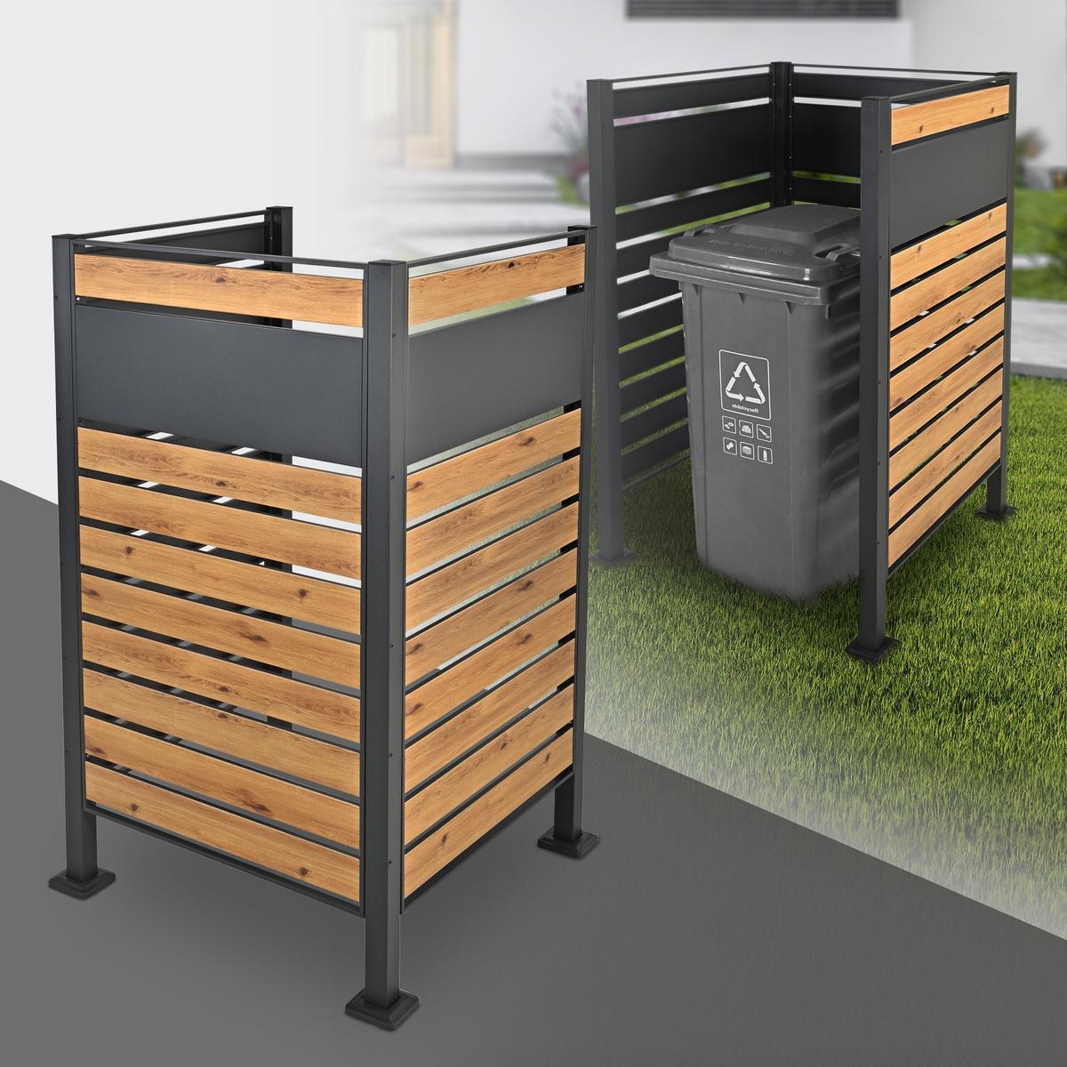 MÜLLTONNENZAUN 1er Anthrazit-Holzoptik - Anthrazit/Braun, Metall (11/150/86cm) - ML-DESIGN