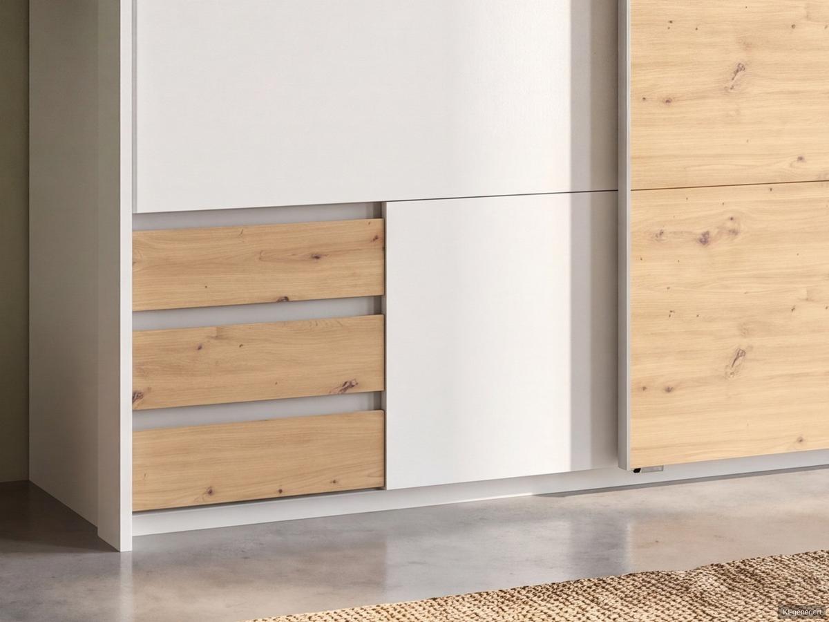 SCHWEBETÜRENSCHRANK 2-türig B183/H200/T65 cm, Passepartout-Kleiderschrank in Weiß, 1x Tür & Schubkästen in Eiche Artisan Dekor / 22697 - Eichefarben/Alufarben, Holz/Holzwerkstoff (183/200/65cm) - luma-home