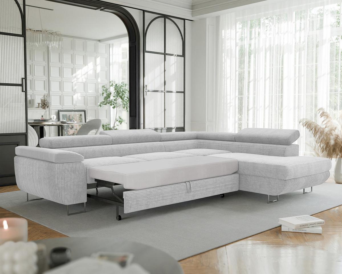 ECKSOFA ANTON rechts, mit Schlaffunktion und Bettkasten Hellgrau - Chromfarben/Hellgrau, Textil/Metall (274/203cm) - Idohome