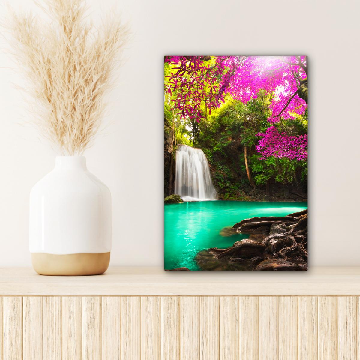 LEINWANDBILD Wasserfall mit bunten Blumen und Bäumen - Natur - Dschungel Deko Wohnzimmer 20x30 cm - Waldgrün, Textil (20/30cm) - MuchoWow