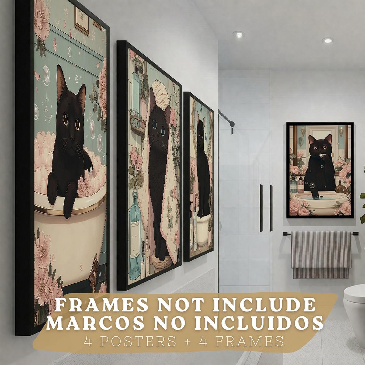POSTER 4er-Set dekorative Kunstdrucke, schwarze Katze im Badezimmer, niedliches Blumenposter für Toilette, Schlafzimmer, sanfter Schwarzer Rahmen A4 - Schwarz, Papier (29.7/21/3cm) - Nacnic