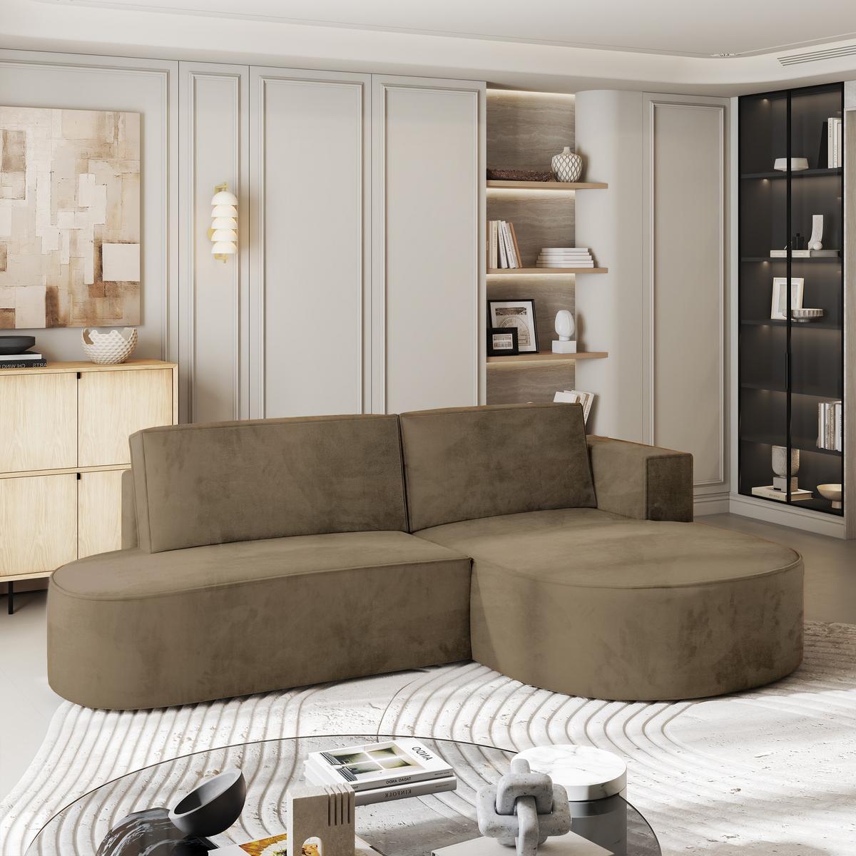 ECKSOFA CORTIO M R-S Beige Velours-Stoff mit Schlaffunktion - Beige/Grau, Holz/Kunststoff (265/174cm) - MASSENO