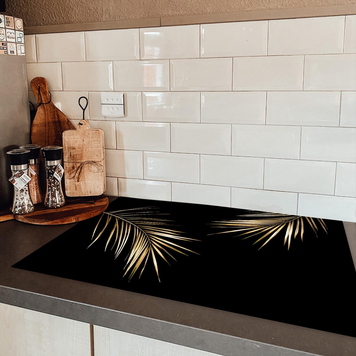 HERDABDECKPLATTE Blätter - Pflanzen - Gold - Schwarz - Luxus Induktionsmatte 81x52 cm - Goldfarben, Kunststoff (81/52/0.2cm) - MuchoWow
