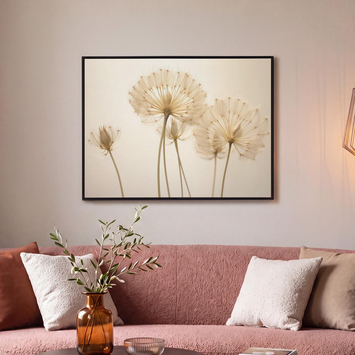 LEINWAND Bilder mit Rahmen - Sonnenlicht - Löwenzahn - Botanisch - Blumen - 70x50 - Creme, Textil (70/50cm) - MuchoWow