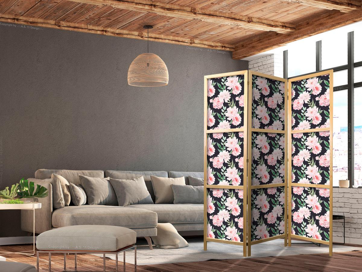 PARAVENT Japanischer 3-tlg 135x172 cm Pfingstrosen - Multicolor, Holz/Textil (135/172/3cm) - Muralo