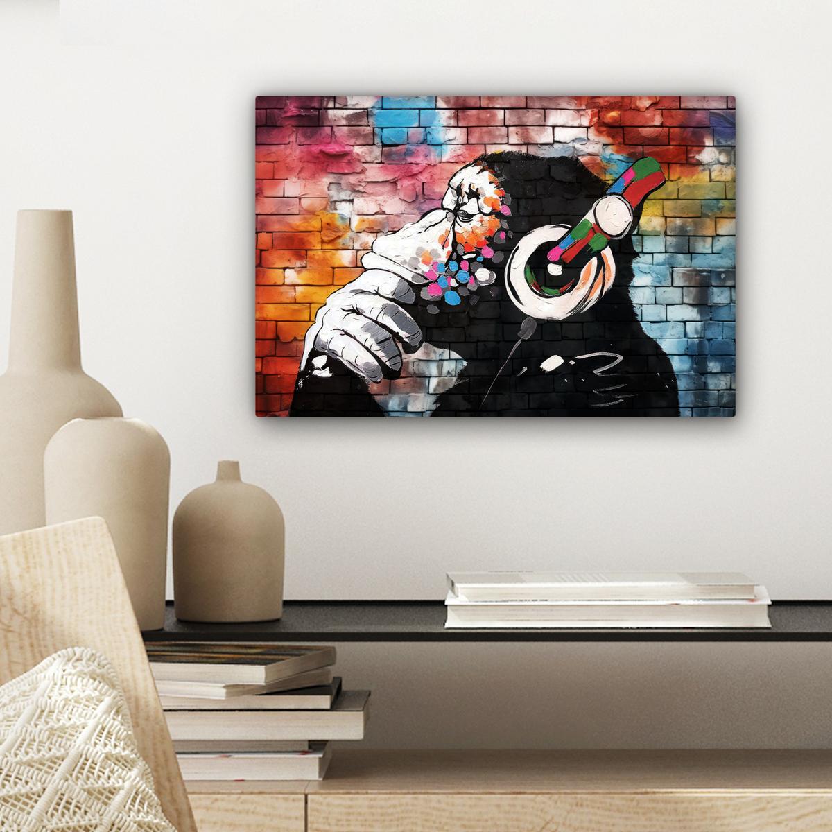 LEINWANDBILD Affe - Graffiti - Musik Deko Schlafzimmer 30x20 cm - Multicolor, Textil (30/20cm) - MuchoWow