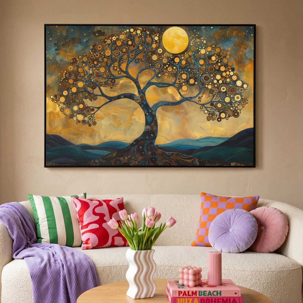 LEINWAND Bilder mit Rahmen - Baum - Mond - Blumen - Gold - Kunst - 150x100 - Orange, Textil (150/100cm) - MuchoWow