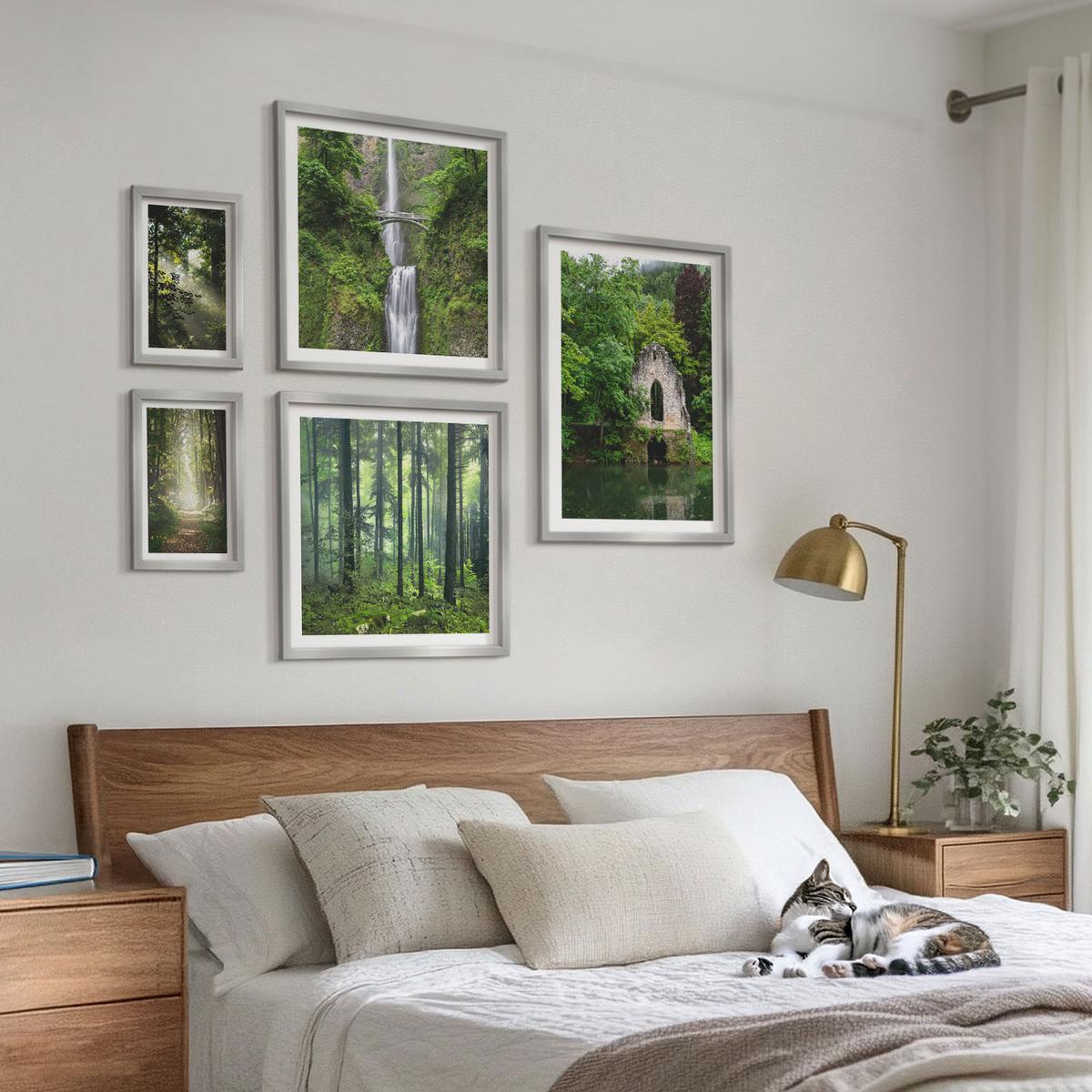 BILDER SET 5er Set - 50x50 cm & 20x30 cm & 40x60 cm Silberner Rahmen - Grüne Wälder, Lichtstrahlen - Silberfarben, Kunststoff (40/60cm) - TULUP