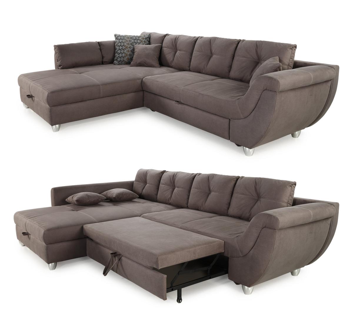 ECKSOFA mit Schlaffunktion und großem Bettkasten, seitenverkehrt montierbar B330/T207/H90 cm, Liegefl. 153x270 cm, Mikrofaser Braun / 15231 - Chromfarben/Braun, Kunststoff/Textil (330/207cm) - luma-home