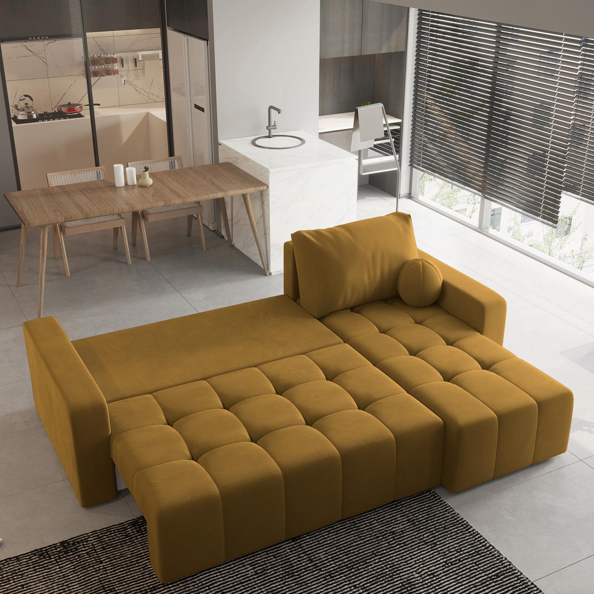 ECKSOFA VOLIRA Gelb Plüsch-Stoff mit Schlaffunktion - Gelb, Holz (230/143cm) - MASSENO