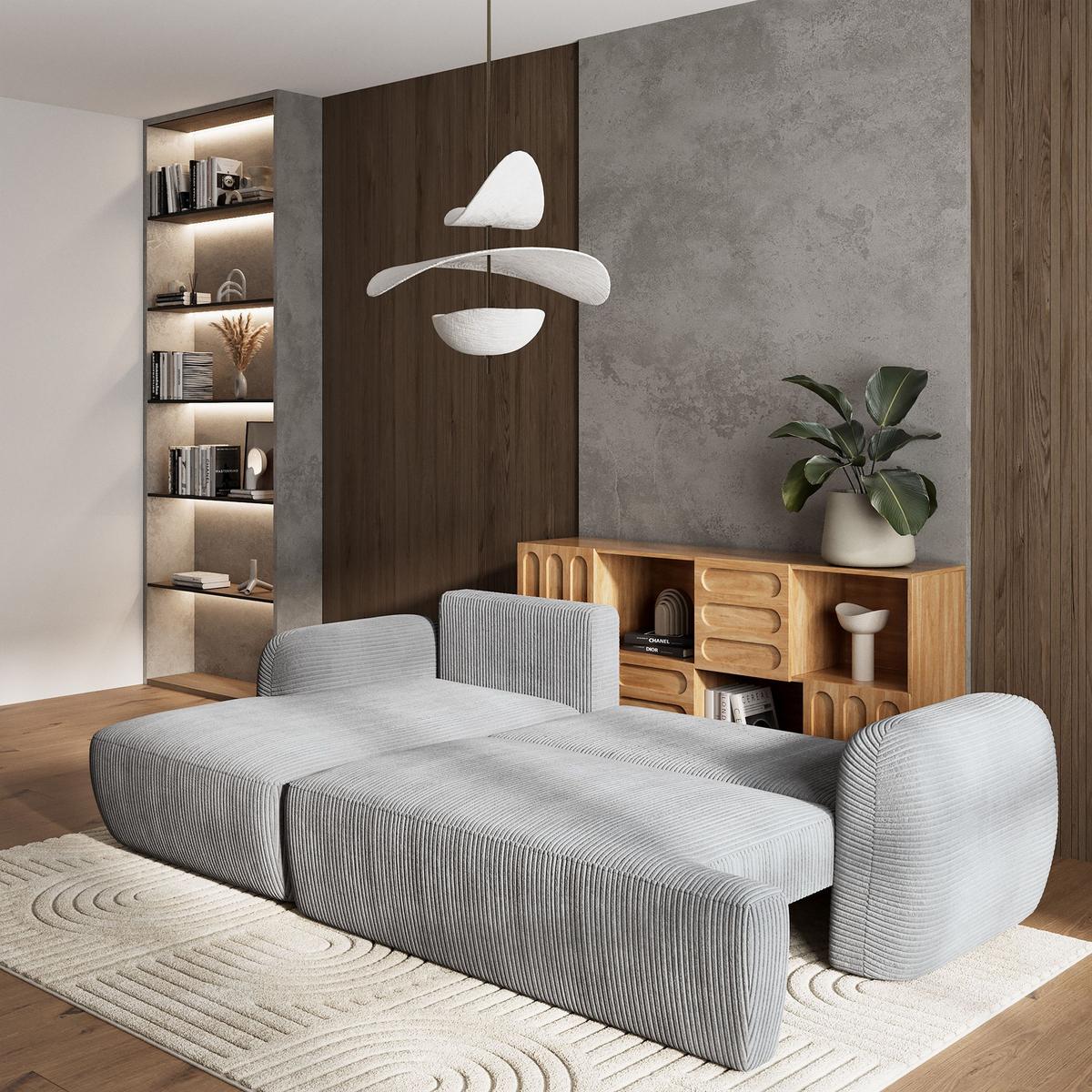 ECKSOFA MODENZA P L-S Hellgrau Kordstoff mit Schlaffunktion - Hellgrau/Schwarz, Holz/Kunststoff (266/148cm) - MASSENO