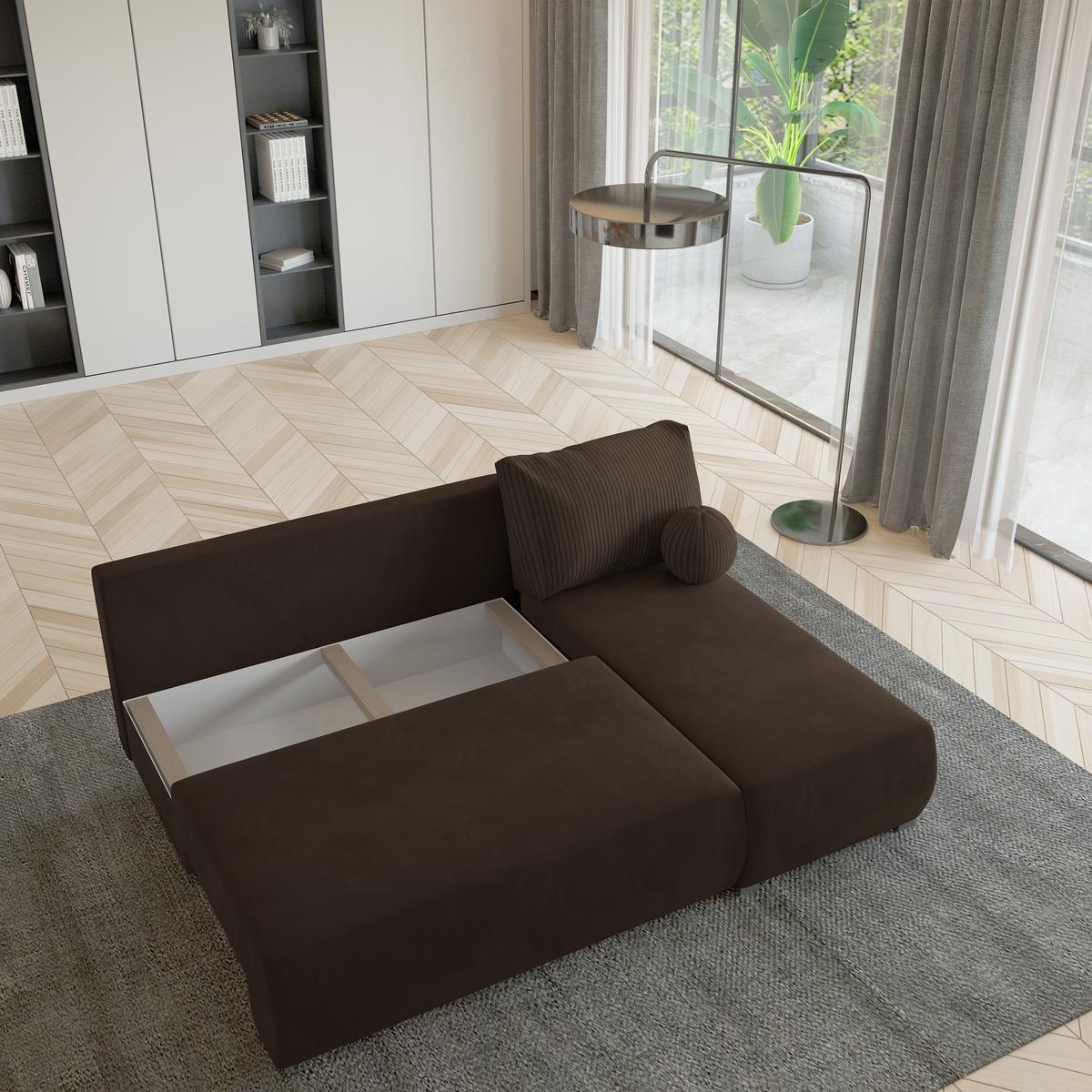 ECKSOFA PARVELO Braun Plüsch-Stoff mit Schlaffunktion - Braun, Holz (200/143cm) - MASSENO