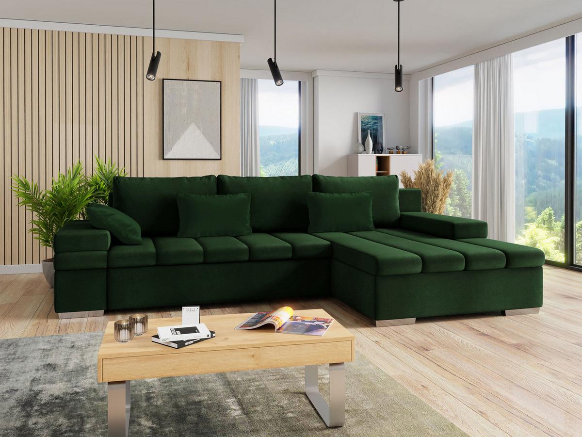 ECKSOFA Bangkok, Seite: Rechts - Waldgrün/Silberfarben, Holz/Textil (310/175cm) - MIRJAN24