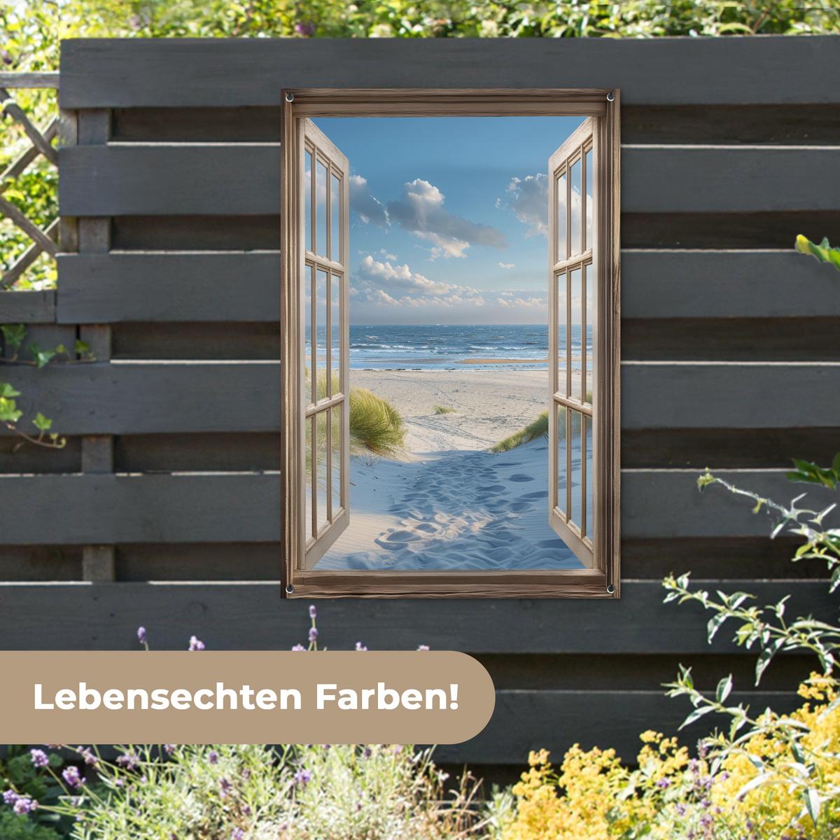 GARTENPOSTER Aussicht - Strand - Fenster - Dünen - Meer Outdoor Bilder 80x120 cm - Hellblau, Kunststoff (80/120/0.2cm) - OnlyWow