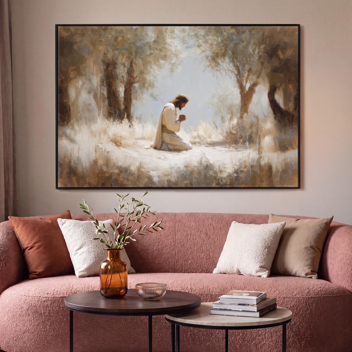 LEINWAND Bilder mit Rahmen - Jesus - Kniend - Waldlandschaft - Betend - 120x80 - Beige, Textil (120/80cm) - MuchoWow