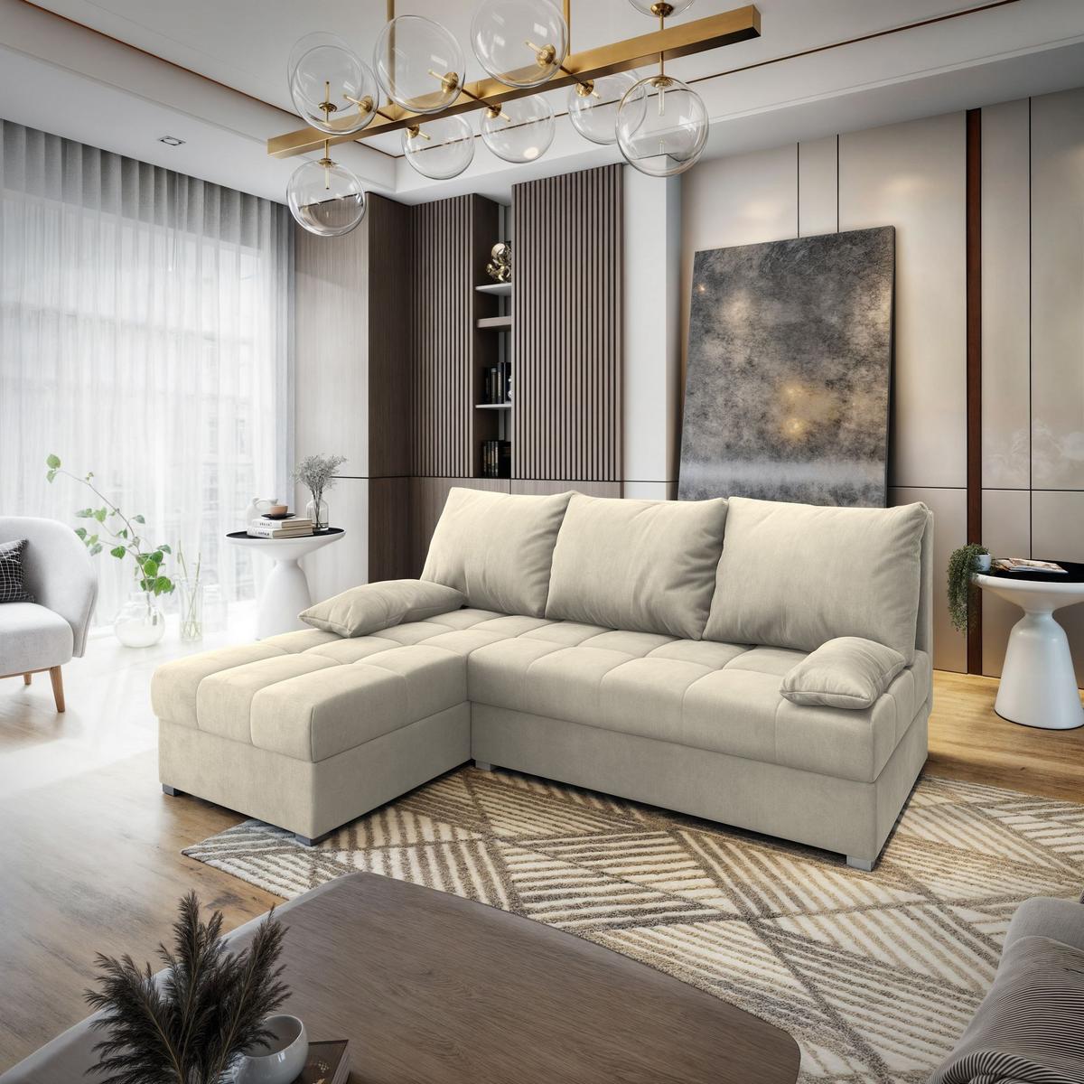 ECKSOFA RITA M Creme Velours-Stoff mit Schlaffunktion - Creme/Grau, Holz/Kunststoff (200/141cm) - MASSENO