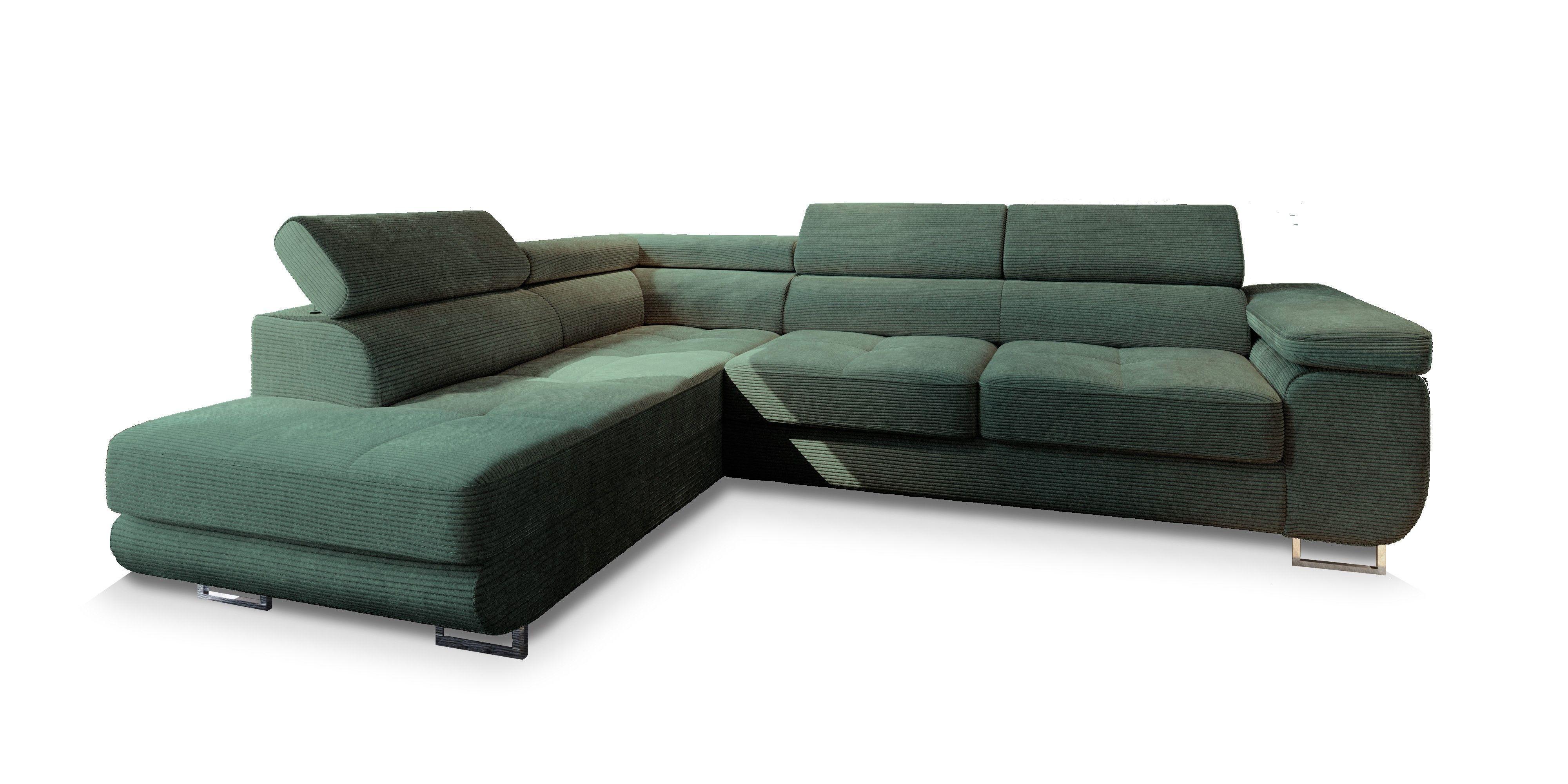 ECKSOFA APIRO L-S Grün Kordstoff mit Schlaffunktion - Silberfarben/Grün, Holz/Textil (276/202cm) - MASSENO