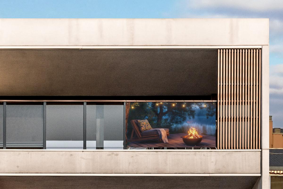 BALKON-SICHTSCHUTZ Lagerfeuer - See - Abendlicht Balkon Deko 300x120 cm - Dunkelblau, Kunststoff (300/120cm) - MuchoWow