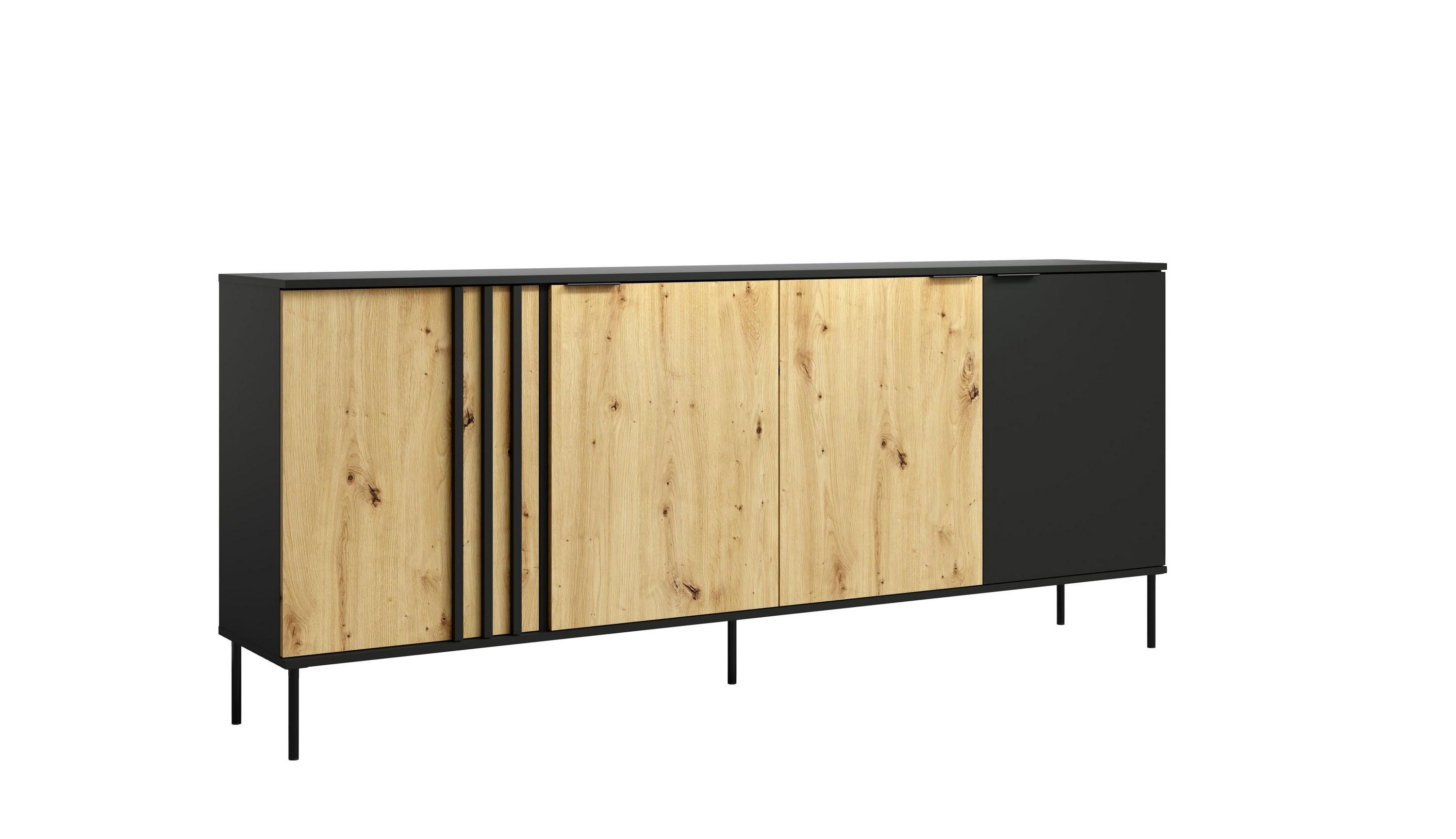 KOMMODE MERIDIAN 220/92/40cm mit Schubladen 4 Türen Eichefarben - Eichefarben/Schwarz, Holzwerkstoff (220/92/40cm) - MASSENO
