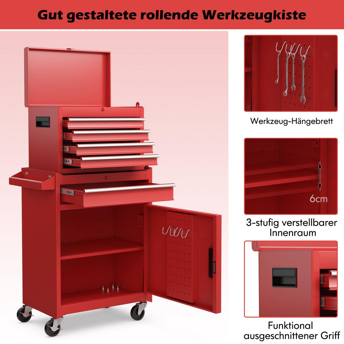 WERKZEUGTRUHE mit 5 Schubladen Rot - Rot, Metall (71/33.5/58cm) - COSTWAY