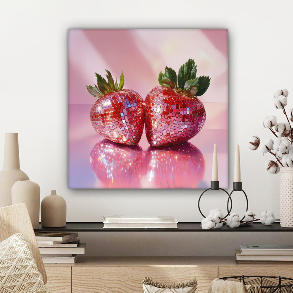 LEINWANDBILD Disco - Obst - Glitzer - Erdbeere Wandbild Wohnzimmer 50x50 cm - Pink, Textil (50/50cm) - MuchoWow