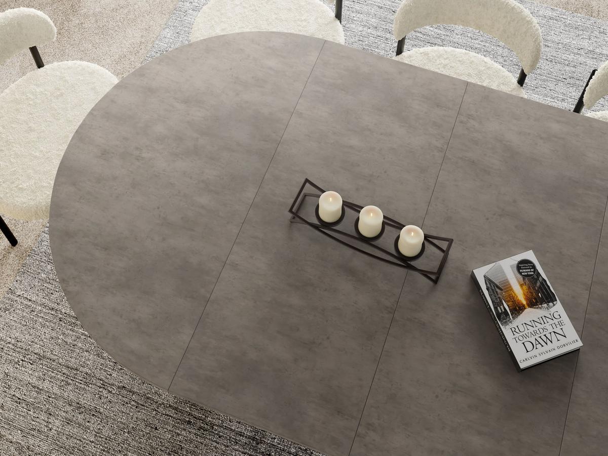 ESSTISCH Naro rund ausziehbar mit Weißem Lamellen-Metallgestell, Beton-Optik Dunkelgrau 120-200/120/76 cm - Dunkelgrau/Weiß, Holzwerkstoff/Metall (120/196/76cm) - WFL GROUP