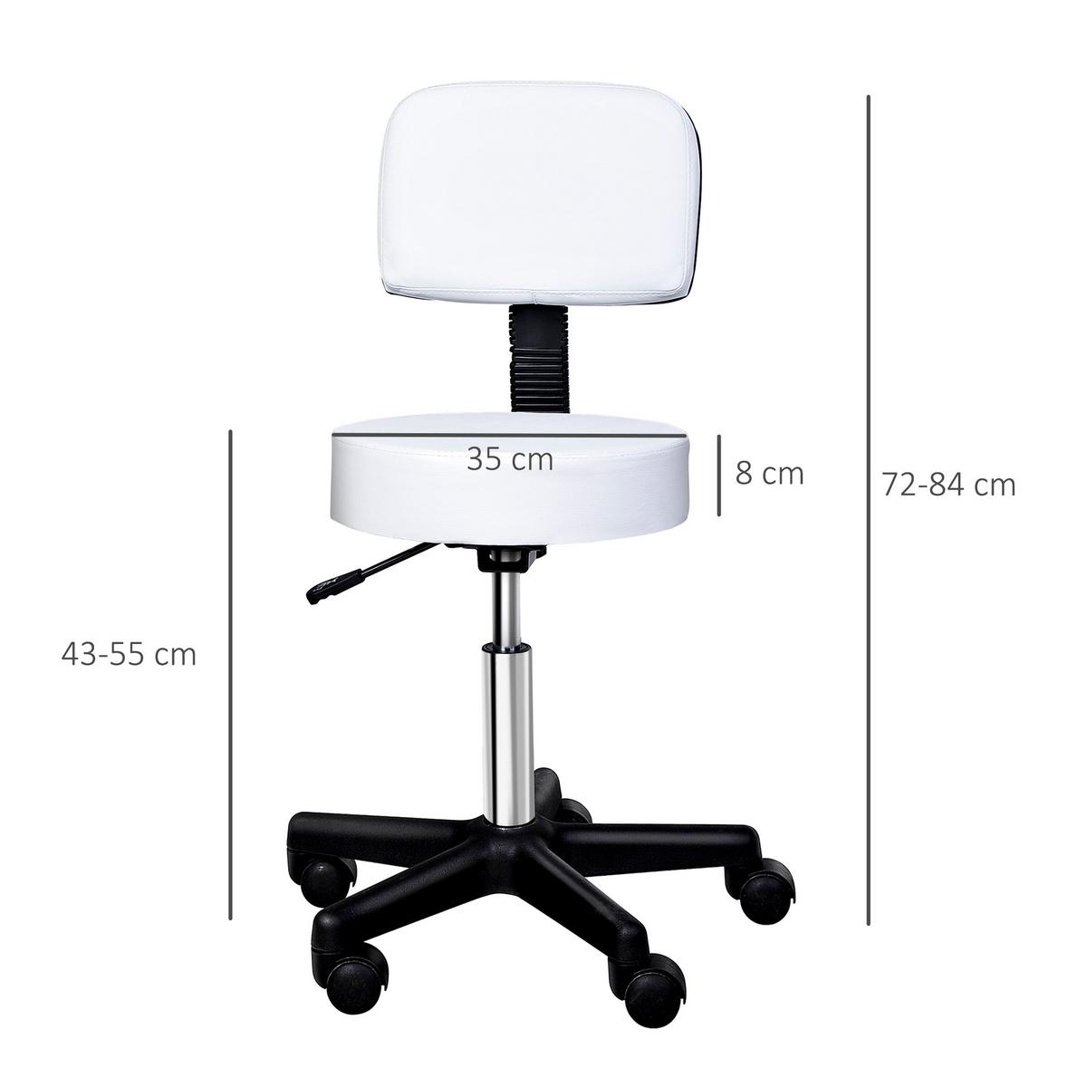 ARBEITSHOCKER höhenverstellbar Rollhocker Drehhocker mit Lehne Rollen Büro Weiß - Weiß, Kunststoff (35/84/35cm) - HOMCOM